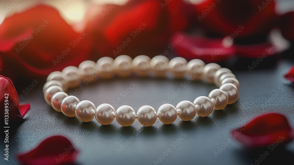 Valentine's Day Concept with Elegant Pearl Necklace and Red Rose Perfect Gift for Loved Ones, Romantic Jewelry Display and Stunning Floral Arrangement for Special Occasions Valentine's Day Concept with Elegant Pearl Necklace and Red Rose Perfect Gift for Loved Ones, Romantic Jewelry Display and Stunning Floral Arrangement for Special Occasions