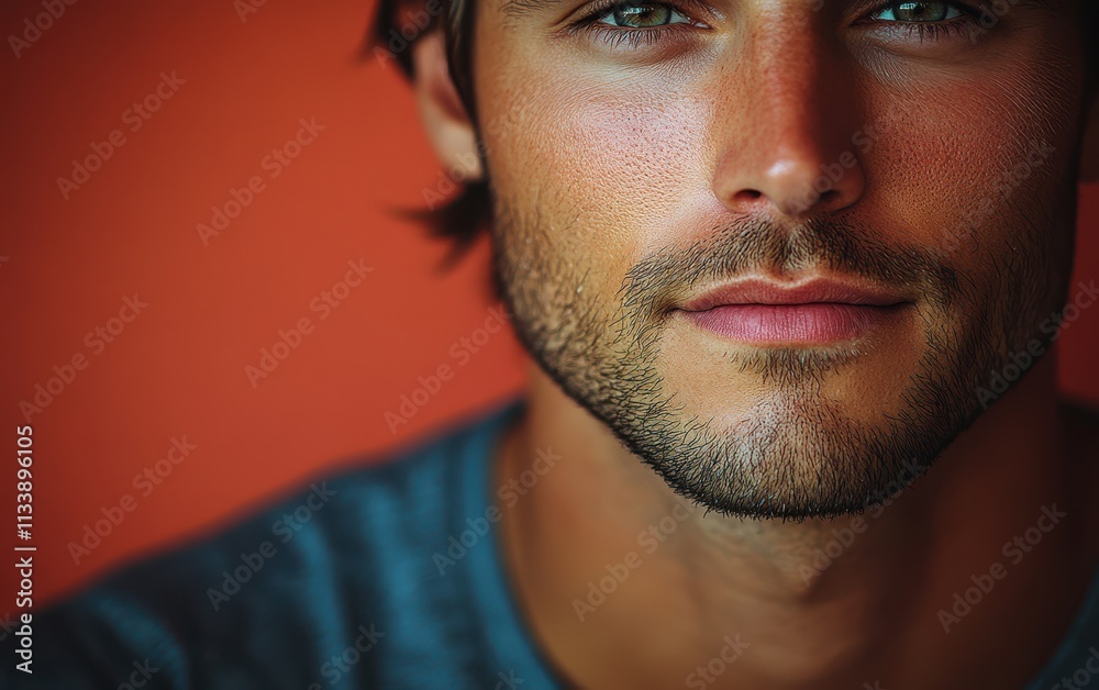 Obraz premium A young man with casual t-shirt is smiling at the camera, solid color background