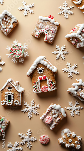 Festively decorated gingerbread houses and snowflakes arranged on a light background.
