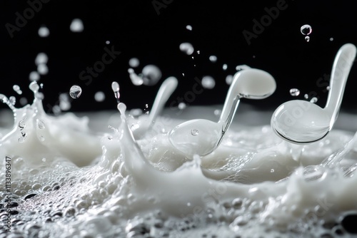 Musical notes created by splashing milk drops, high-speed flash, liquid motion detail, with copy space photo