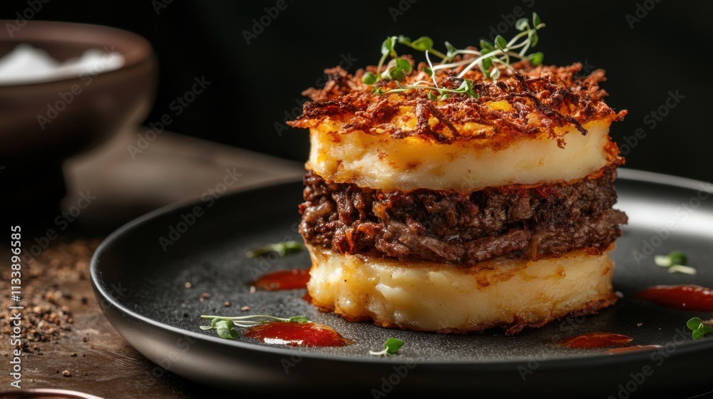 Savory Layered Potato and Beef Stack with Fresh Herbs Garnish Savory Layered Potato and Beef Stack with Fresh Herbs Garnish