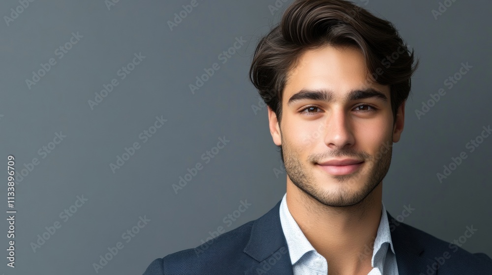 A confident young man with neatly styled hair, wearing a fitted blazer, posing with a subtle smile against a gray background A confident young man with neatly styled hair, wearing a fitted blazer, posing with a subtle smile against a gray background
