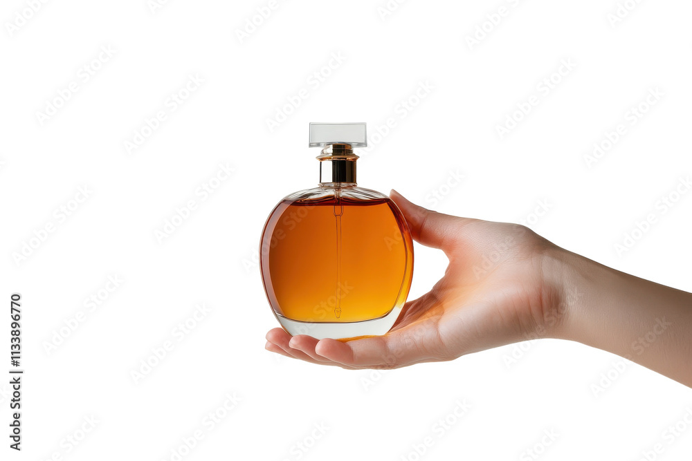 Hand Holding a Luxurious Bottle of Perfume with Isolated on Transparent Background