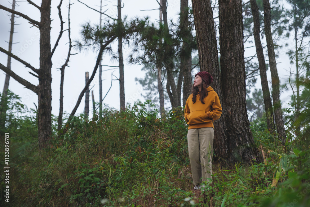 Portrait image of a woman traveling in the forest Portrait image of a woman traveling in the forest