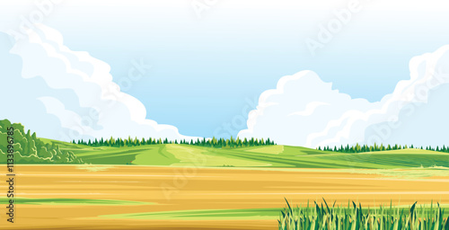 a view of empty land with grass around it and rolling green hills and a bright blue sky decorated with fluffy white clouds.