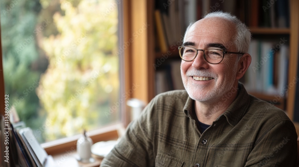 A content senior man relaxing in his home office, looking out the window with a warm smile on his face A content senior man relaxing in his home office, looking out the window with a warm smile on his face