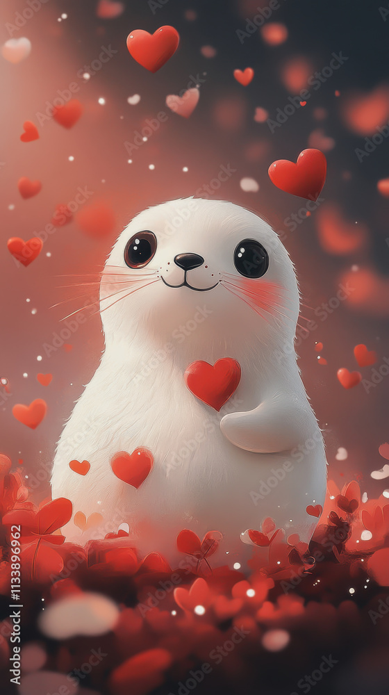 Obraz premium Valentines Day Concept Featuring a Cute White Cat Holding a Heart in Its Mouth Perfect for Romantic Themes, Pet Lovers, and Seasonal Celebrations in Stock Photography