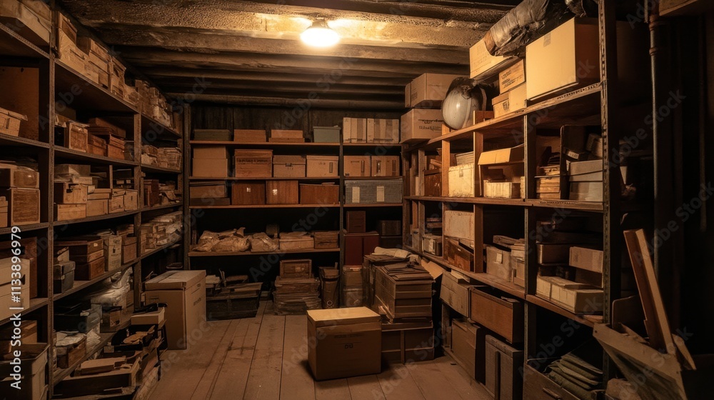 Obraz premium Dimly Lit Storage Room Filled with Stacked Boxes and Shelves