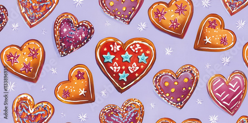Colorful heart-shaped cookies decorated with icing on a pastel background.