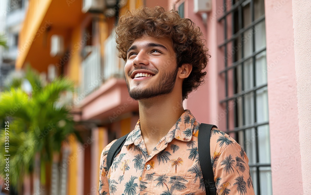 man with casual t-shirt is smiling at the camera, blurred background man with casual t-shirt is smiling at the camera, blurred background