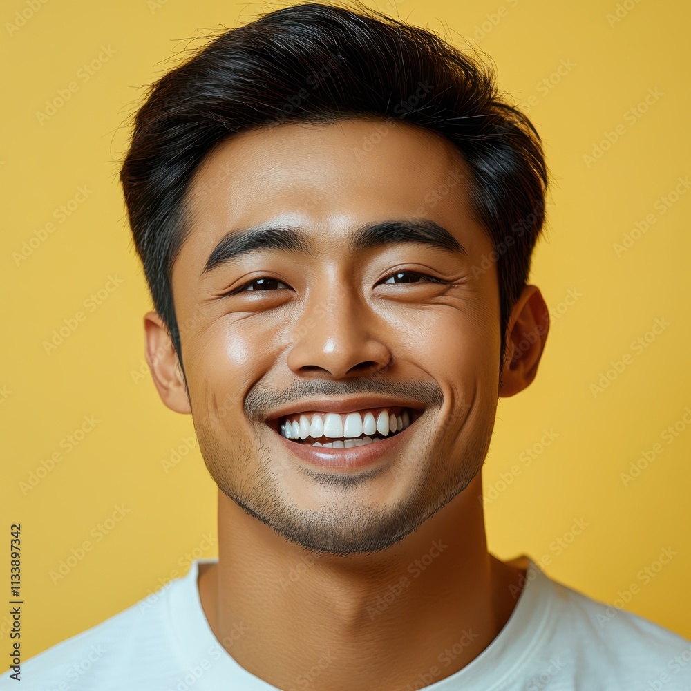 man with casual t-shirt is smiling at the camera, solid color background man with casual t-shirt is smiling at the camera, solid color background