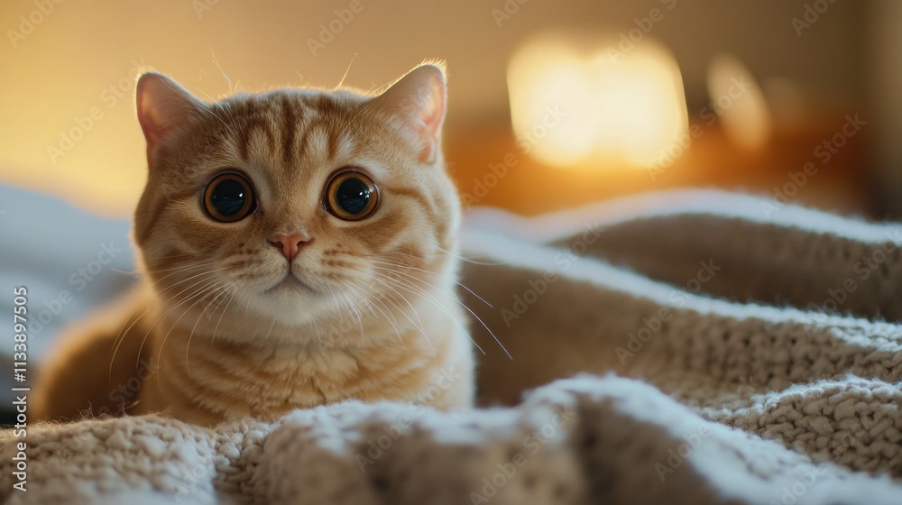 A cute, intelligent-looking cat sitting upright on a cozy blanket, staring directly at the camera with big, bright eyes A cute, intelligent-looking cat sitting upright on a cozy blanket, staring directly at the camera with big, bright eyes