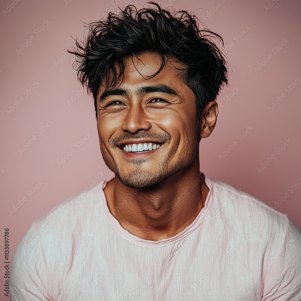Obraz premium man with casual t-shirt is smiling at the camera, solid color background