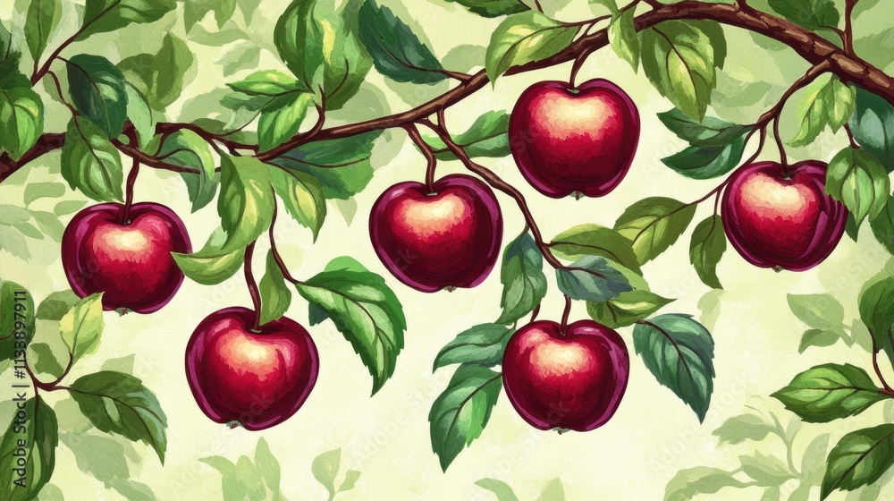 Obraz premium Lush Red Apples on Branch with Green Leaves and Subtle Background