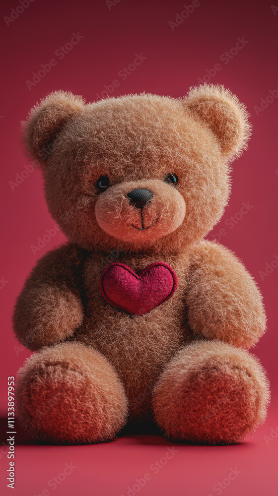 Obraz premium Valentine's Day Concept Teddy Bear with Heart on Chest, Romantic Gift Idea for Loved Ones, Perfect for Celebrating Love, Affection and Special Moments Together This February