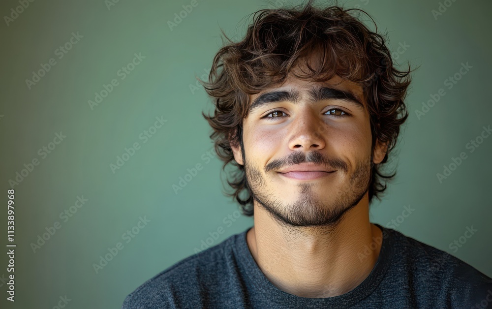 Obraz premium man with casual t-shirt is smiling at the camera, solid color background