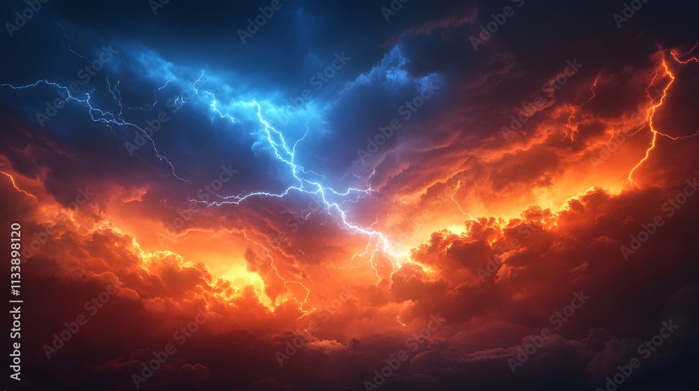 Naklejka premium Dramatic Storm Clouds with Blue and Orange Lightning