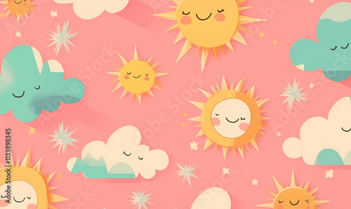 A playful pattern featuring smiling suns and clouds on a pink background.