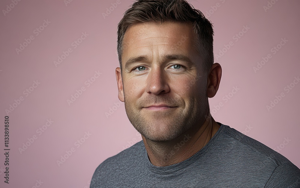 Obraz premium man with casual t-shirt is smiling at the camera, solid color background