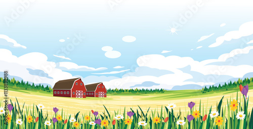 A picturesque farm scene with red barns nestled in a field of blooming wildflowers against a clear blue sky.