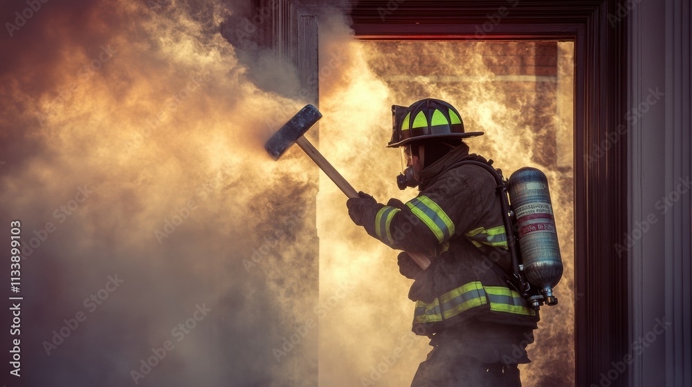 A fireman breaking down a door with a sledgehammer, smoke and fire visible through the doorway A fireman breaking down a door with a sledgehammer, smoke and fire visible through the doorway