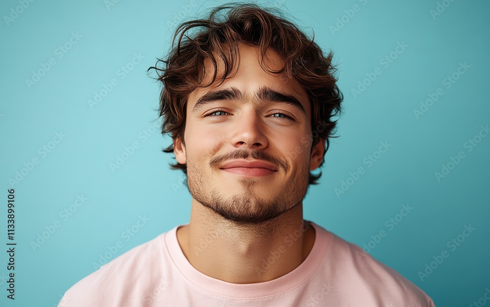 Fototapeta premium man with casual t-shirt is smiling at the camera, solid color background