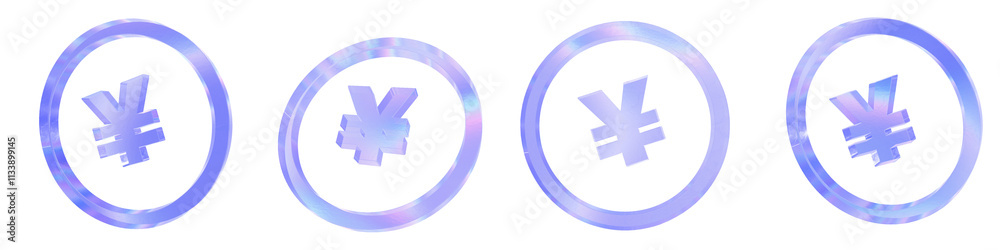 Set of 4 3d glass yen coin outline shape with aberration effect isolated on a transparent background. Blue tone. 3d transparent elements for graphic design. Set of 4 3d glass yen coin outline shape with aberration effect isolated on a transparent background. Blue tone. 3d transparent elements for graphic design.