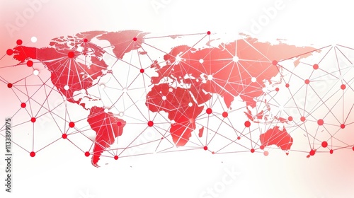 Create a digital illustration of a world map in a minimalist style with a white background. Place red radiating dots at various significant locations across