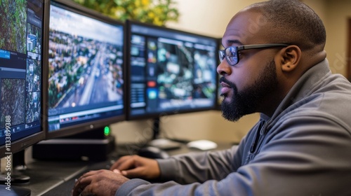 A focused security officer reviewing surveillance footage on a dual-monitor setup, with alerts displayed on one screen