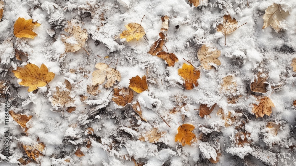 A forest floor texture blanketed in snow, with fallen leaves partially visible beneath the frost