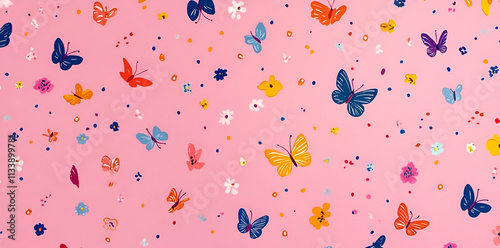 A vibrant pink background adorned with colorful butterflies and flowers, evoking a playful mood. photo