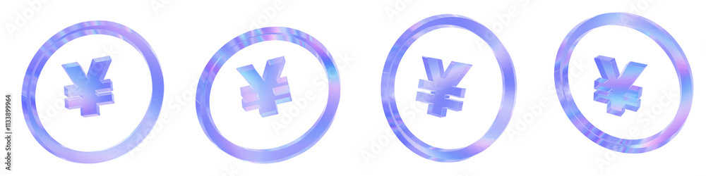 Set of 4 3d glass yen coin outline shape with aberration effect isolated on a transparent background. Blue tone. 3d transparent elements for graphic design. Set of 4 3d glass yen coin outline shape with aberration effect isolated on a transparent background. Blue tone. 3d transparent elements for graphic design.
