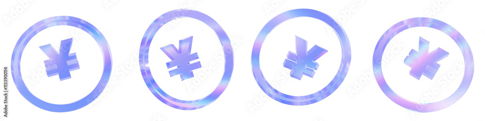 Set of 4 3d glass yen coin outline shape with aberration effect isolated on a transparent background. Blue tone. 3d transparent elements for graphic design. Set of 4 3d glass yen coin outline shape with aberration effect isolated on a transparent background. Blue tone. 3d transparent elements for graphic design.