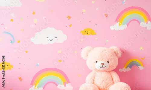 A cute pink-themed nursery scene featuring a teddy bear and colorful rainbows.