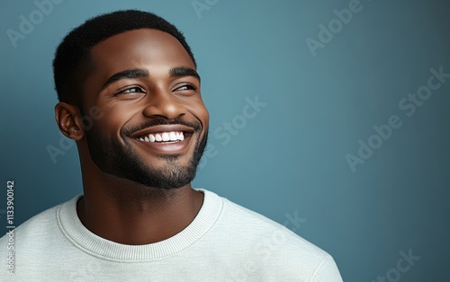 A man with a beard is smiling and wearing a t-shirt