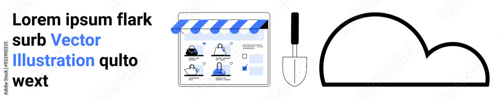 Online storefront showcases products, accompanied by a garden trowel and an abstract cloud icon. Ideal for e-commerce, cloud storage, gardening products, online business, technology integration Online storefront showcases products, accompanied by a garden trowel and an abstract cloud icon. Ideal for e-commerce, cloud storage, gardening products, online business, technology integration