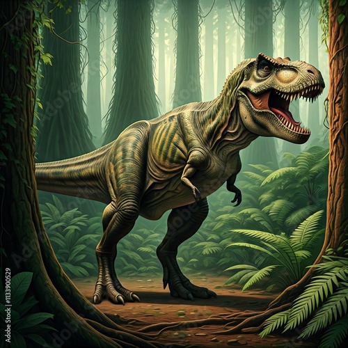 Tyrannosaurus rex with prehistoric landscape. High quality image. Ai generated.