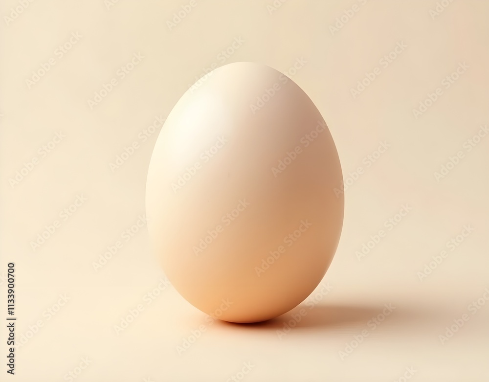 A single, uncooked chicken egg is placed on a light beige surface. The egg is oval-shaped and has a smooth, slightly glossy shell. A single, uncooked chicken egg is placed on a light beige surface. The egg is oval-shaped and has a smooth, slightly glossy shell.