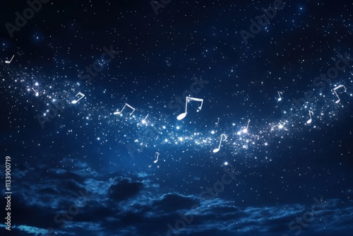 Musical notes formed by constellation stars in night sky, moonlit night, stellar detail, with copy space