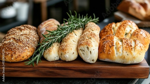 A gourmet display of fresh breads, with rosemary focaccia, olive sourdough, and sesame rolls on a modern wooden platter photo