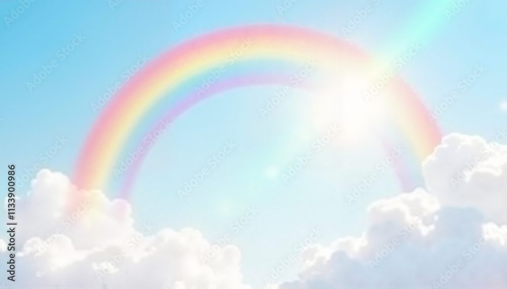 Bright rainbow over fluffy clouds with shining sun, cheerful atmosphere copy space Bright rainbow over fluffy clouds with shining sun, cheerful atmosphere copy space