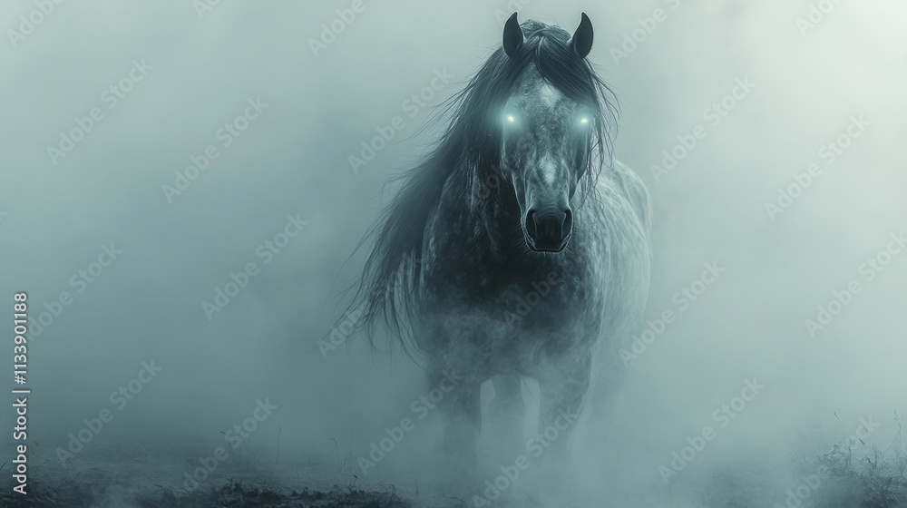 Fototapeta premium Ethereal Stallion in Misty Meadow: A Mystical Encounter