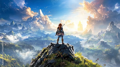 Woman Warrior on Mountaintop Overlooking Fantasy Landscape