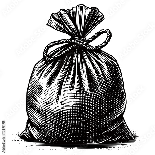 A black and white drawing of a bag with a rope tied to it. The bag is filled with trash and he is heavy. Scene is somewhat somber and reflective, as it suggests the burden of waste