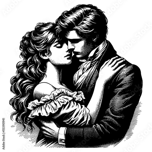 A man and a woman are embracing each other. The man is wearing a suit and the woman is wearing a dress. The image has a romantic and intimate mood