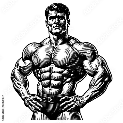 A man with a muscular build is posing for a picture. He is wearing a belt and has a strong, confident stance. Concept of strength and power, as if the man is a symbol of physical fitness