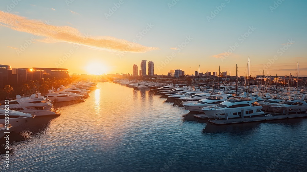 Sunset cityscape marina with numerous luxury yachts docked Sunset cityscape marina with numerous luxury yachts docked