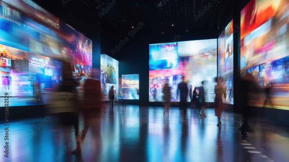 A high-tech exhibition hall featuring blurred people walking past digital displays and large monitors A high-tech exhibition hall featuring blurred people walking past digital displays and large monitors