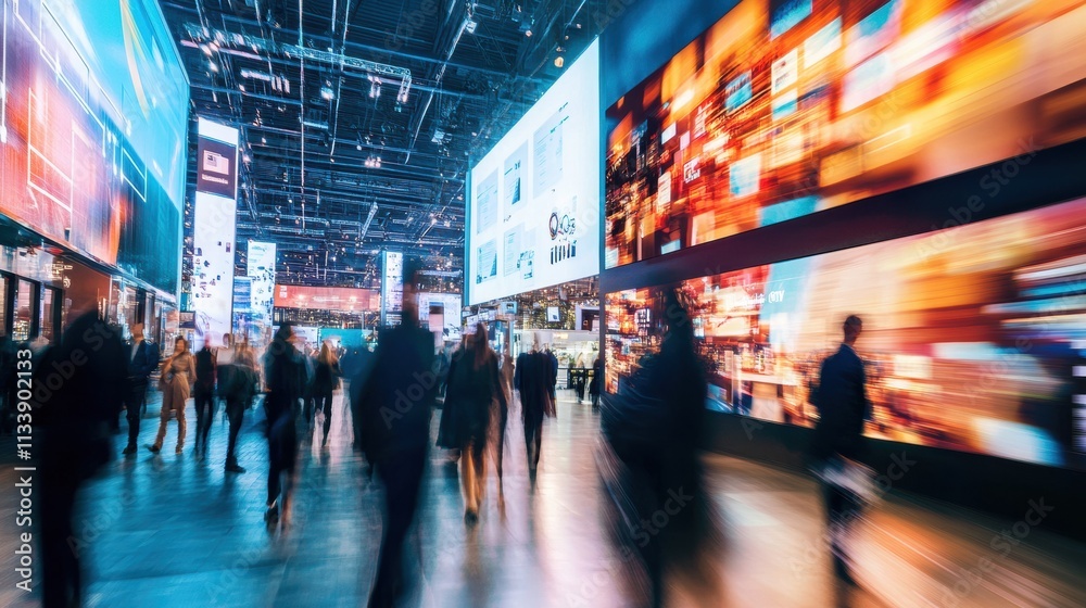custom made wallpaper toronto digitalA high-tech exhibition hall featuring blurred people walking past digital displays and large monitors