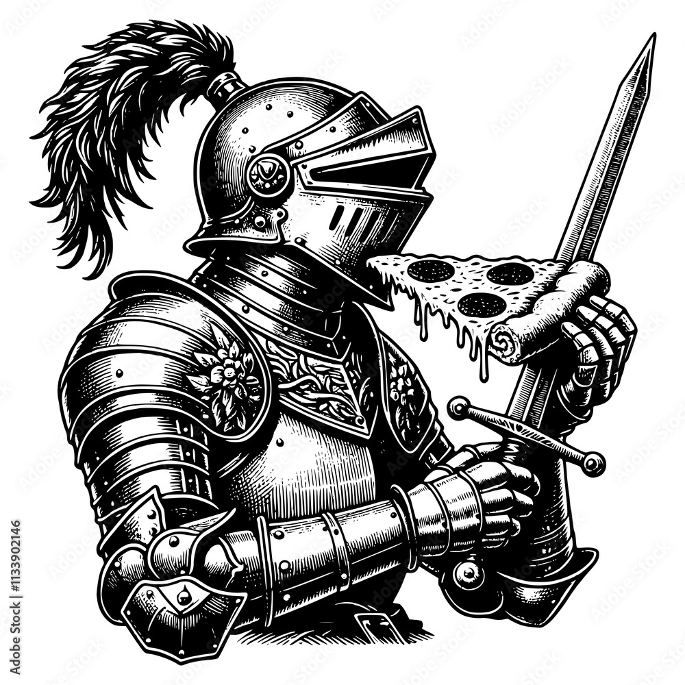 A knight is eating a slice of pizza while holding a sword. The knight is wearing a suit of armor and has a long, flowing mane. The image is black and white and has a vintage feel to it